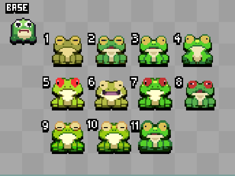 Pixel art character artwork: Frog Character Exploration